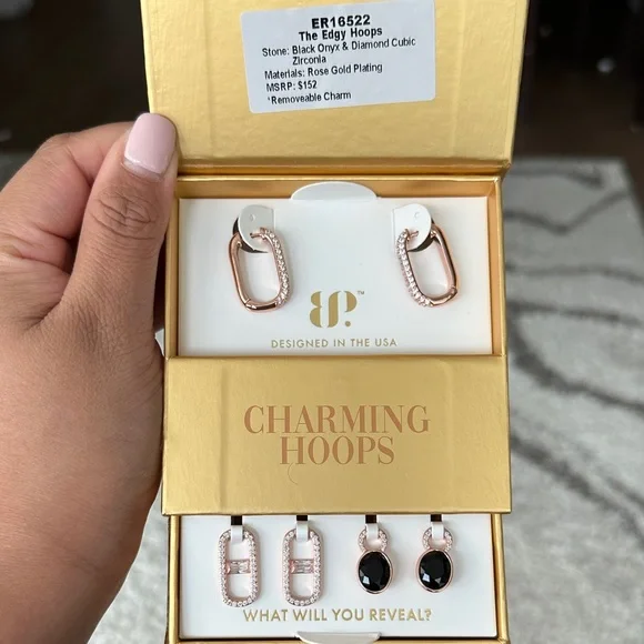 BP Rose Gold Plated Hoops with Black Onyx and Diamond Cubic Zirconia - Picture 3 of 7